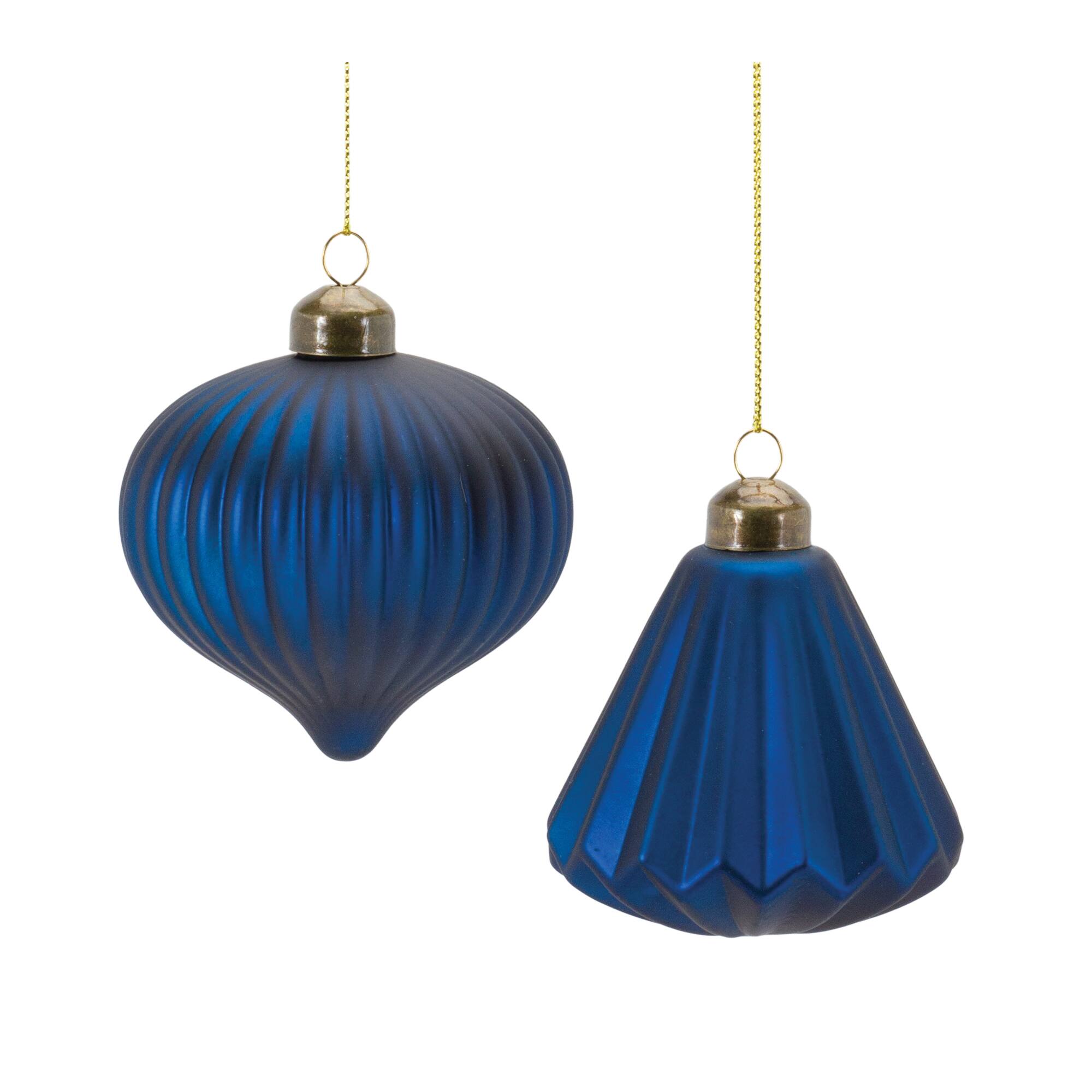 Ribbed Blue Glass Onion & Bell Ornament Set